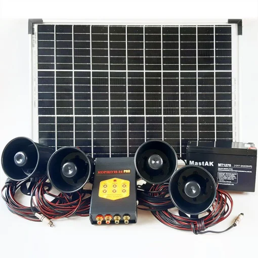 Звуковий відлякувач птахів КОРШУН 16 SOLAR оснащений сонячною панеллю на 50 Вт та акумулятором